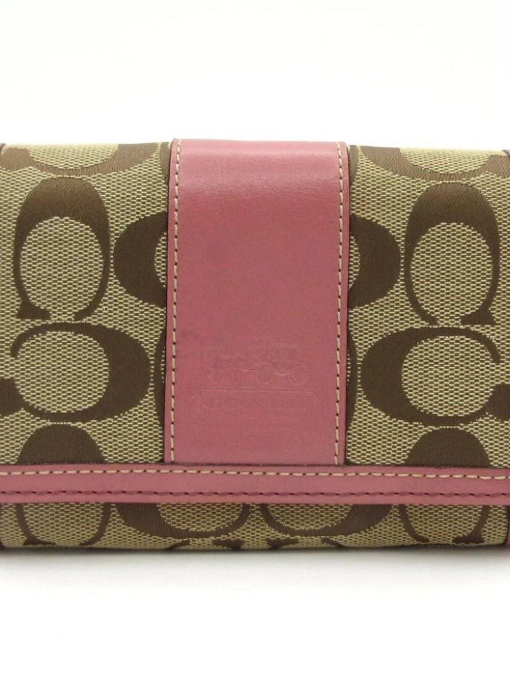 COACH Signature Khaki Pink Jacquard Leather Bifold Wallet